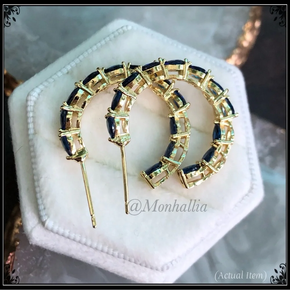 14k Gold & Marquise Blue Sapphire Huggie Earrings